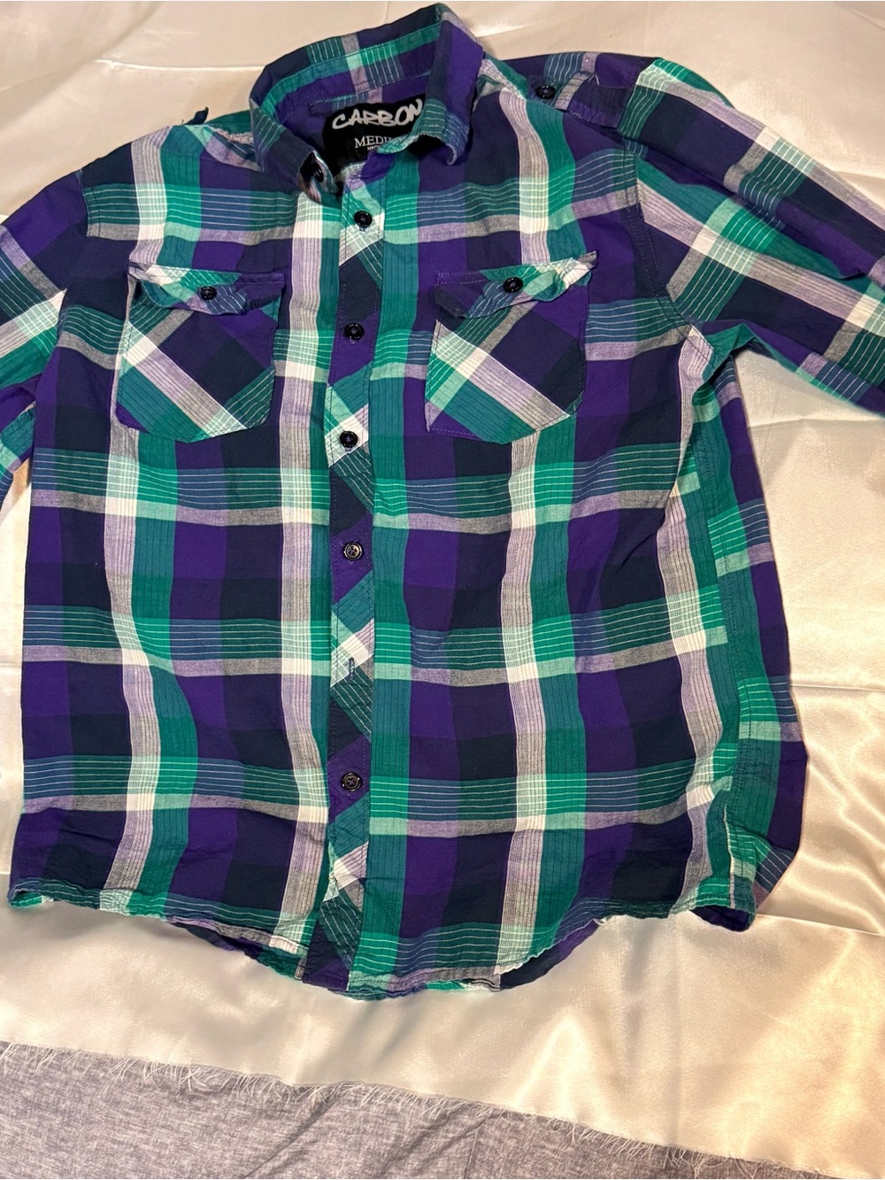 Carbon Men's Size Meduim Purple & Teal Plaid Button-Down Shirt